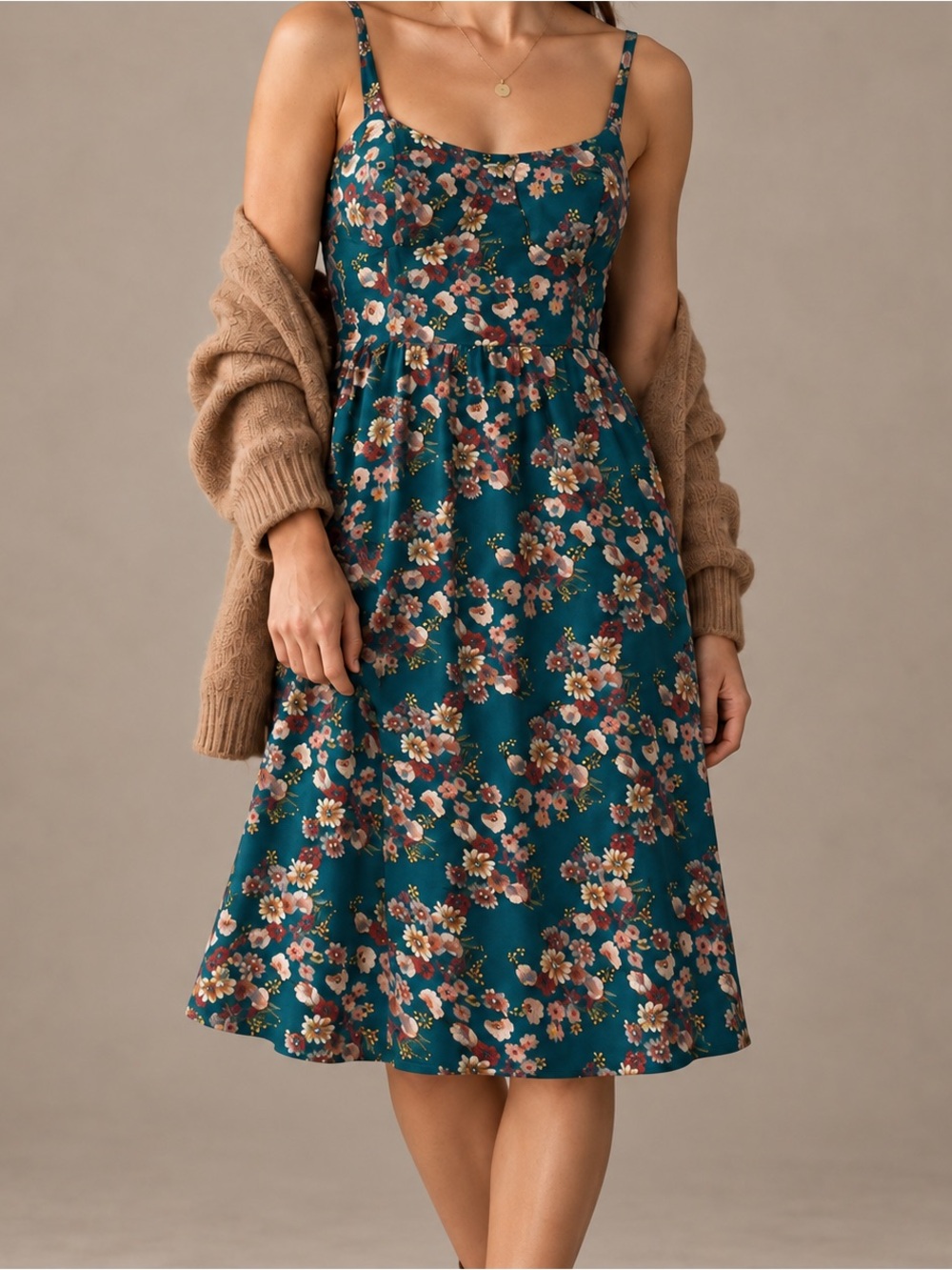 As U Wish Teal Floral Rayon Midi Sleeveless Sundress Medium Smocked Back EUC